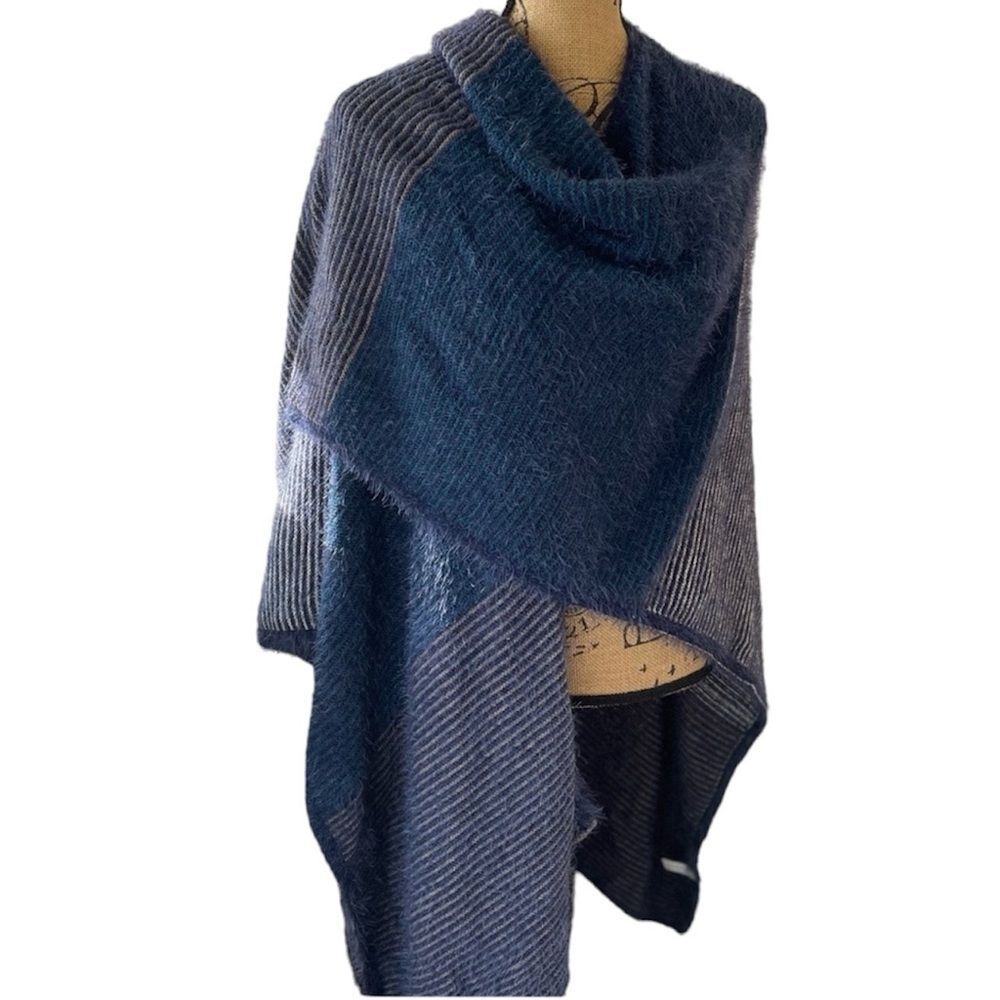 Contempo Size OS One Size Blue Knit Eyelash Wrap Kimono Shawl Poncho Boho
